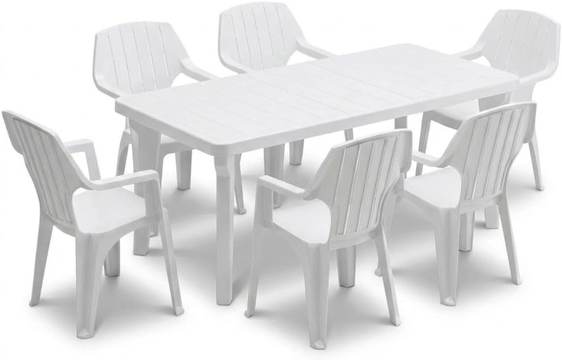 Tomaino - Ensemble de table et 6 chaises de jardin en plastique extensible, salle à manger Norden (Blanc), avec accoudoirs, empilable, terrasse