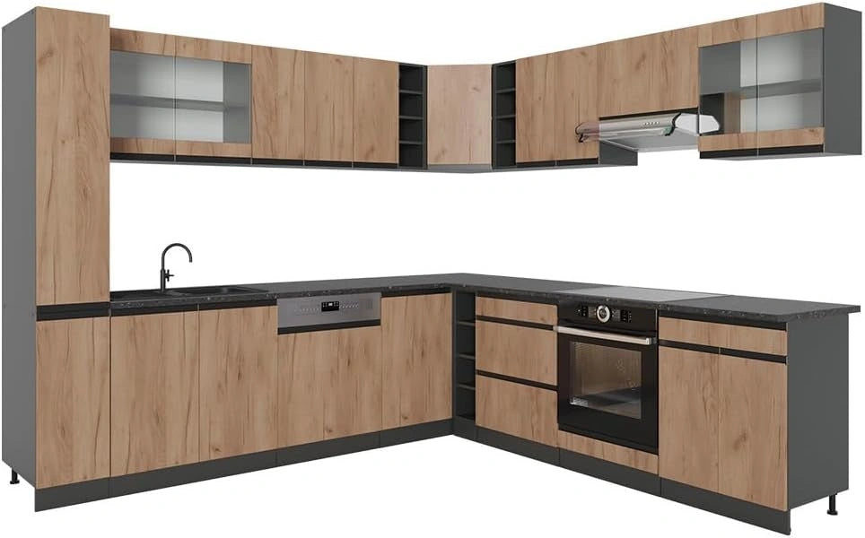 Vicco Cuisine en Angle R-Line, 277 x 257 cm, Chêne doré/Anthracite, J-Shape, sans plan de travail, adapté à une composition et une extension flexibles