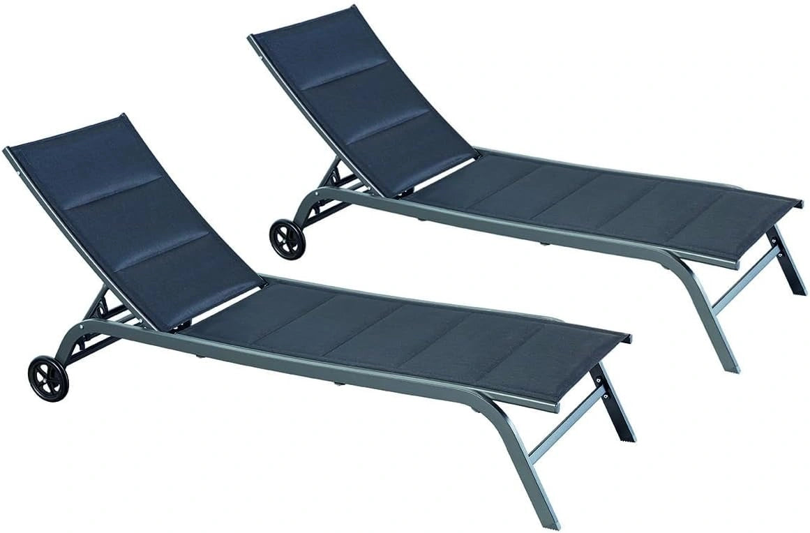 CONCEPT USINE Lot de 2 Transats Lisboa Aluminium Inclinable Noir 192 cm, 2 roues de transport intégrées, 5 positions d'inclinaison au choix