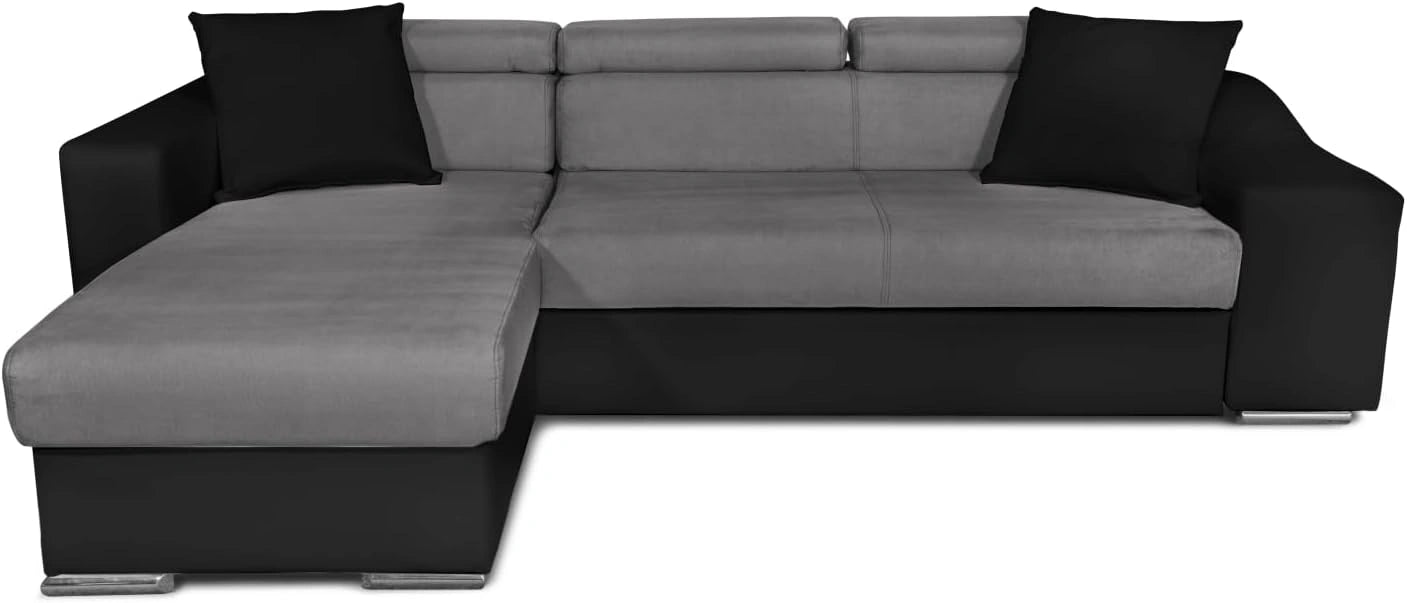 LOUNGITUDE - Canapé d'angle réversible, Convertible avec Coffre et 2 poufs en Microfibre et Simili - Gris/Noir - 3 Places + 2 poufs