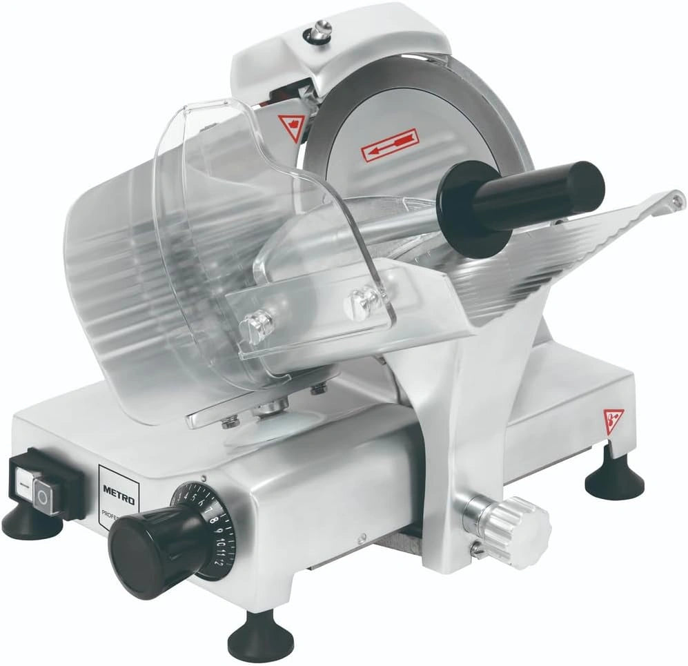 METRO PROFESSIONAL Trancheur Professionnel, Lame 25 cm, Épaisseur de Coupe 0-12 mm, 120 W, Aluminium Anodisé, Argenté (S)