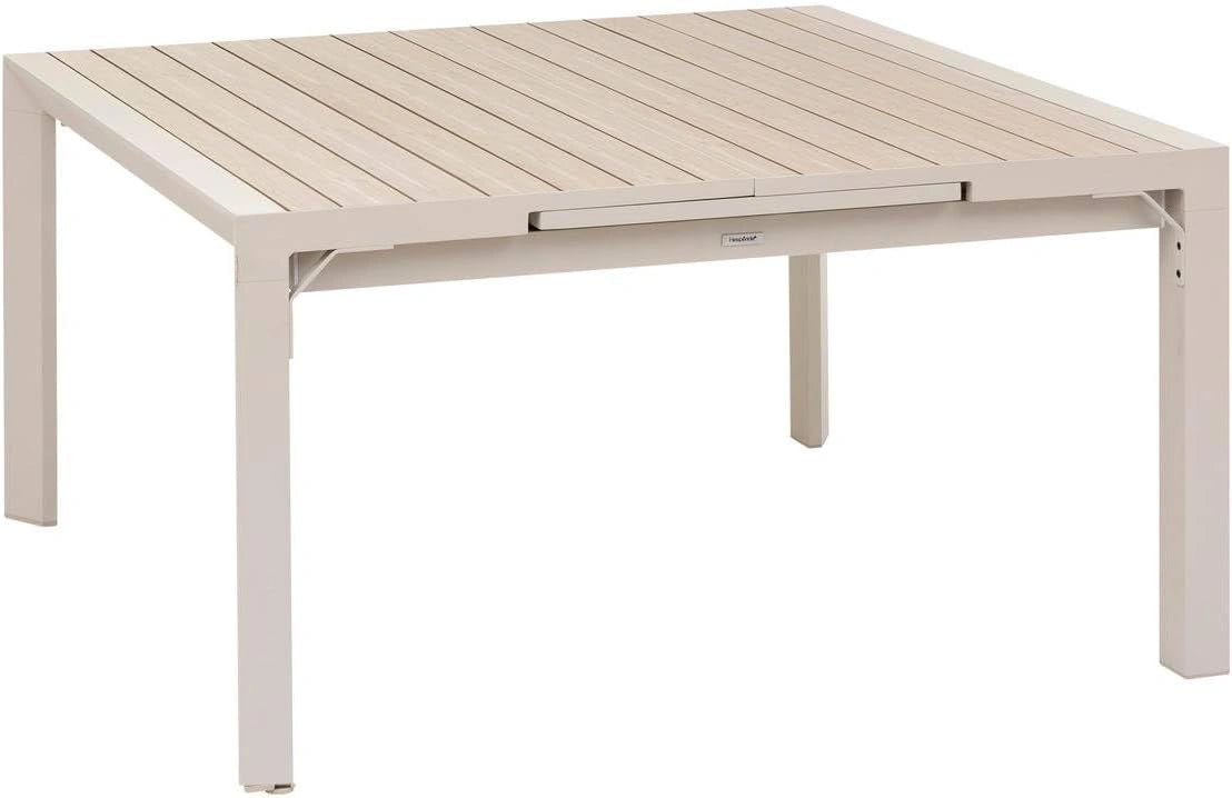 Hespéride - Table de Jardin Extensible Carrée Evasion Beige - 10 Places - Aluminium Antirouille Aluminium Effet Bois - Meuble d'Extérieur