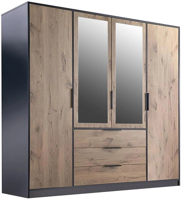 Vente-unique - Armoire 4 Portes et 3 tiroirs - avec miroirs - L196 cm - Coloris: Naturel et Noir - LAMIKI
