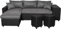LOUNGITUDE - Canapé d'angle réversible Convertible avec Coffre et 2 poufs en Microfibre et Simili - Noir/Gris - 3 + 2 Places