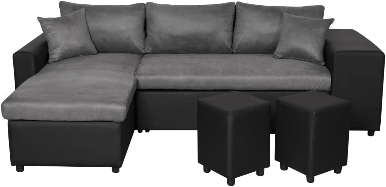 LOUNGITUDE - Canapé d'angle réversible Convertible avec Coffre et 2 poufs en Microfibre et Simili - Noir/Gris - 3 + 2 Places