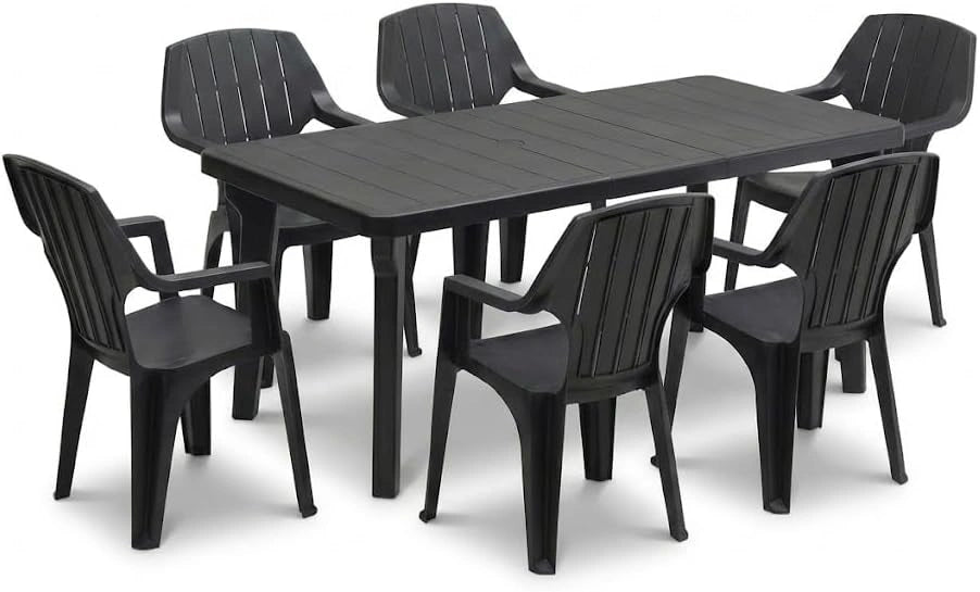 Tomaino - Ensemble de table et 6 chaises de jardin en plastique extensible, salle à manger Norden (Noir), avec accoudoirs, pour l'extérieur, empilable