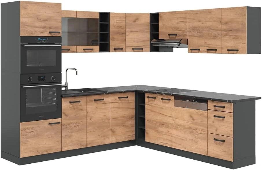 Vicco Cuisine en Angle R-Line, 247 x 237 cm, Chêne doré/Anthracite