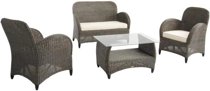 AUBRY GASPARD - Salon Rotin Gris Oprah - Moelle de Rotin Teinté - Table Basse Verre - Canapé 115x72x85 cm - Fauteuils 67x72x85 cm - Coussins