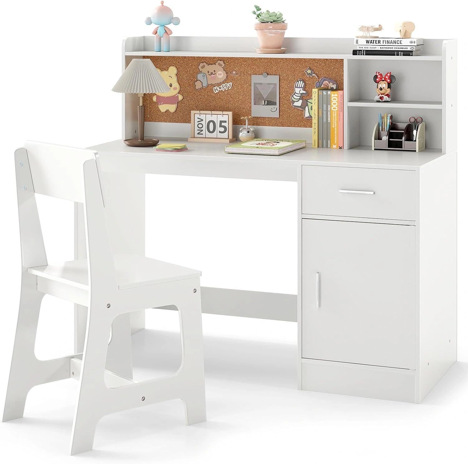 COSTWAY Bureau Enfant Garçon Fille avec Chaise Ergonomique et Tableau d'Affichage en Liège, Charge 60/100kg pour 3 Ans+ (Blanc)