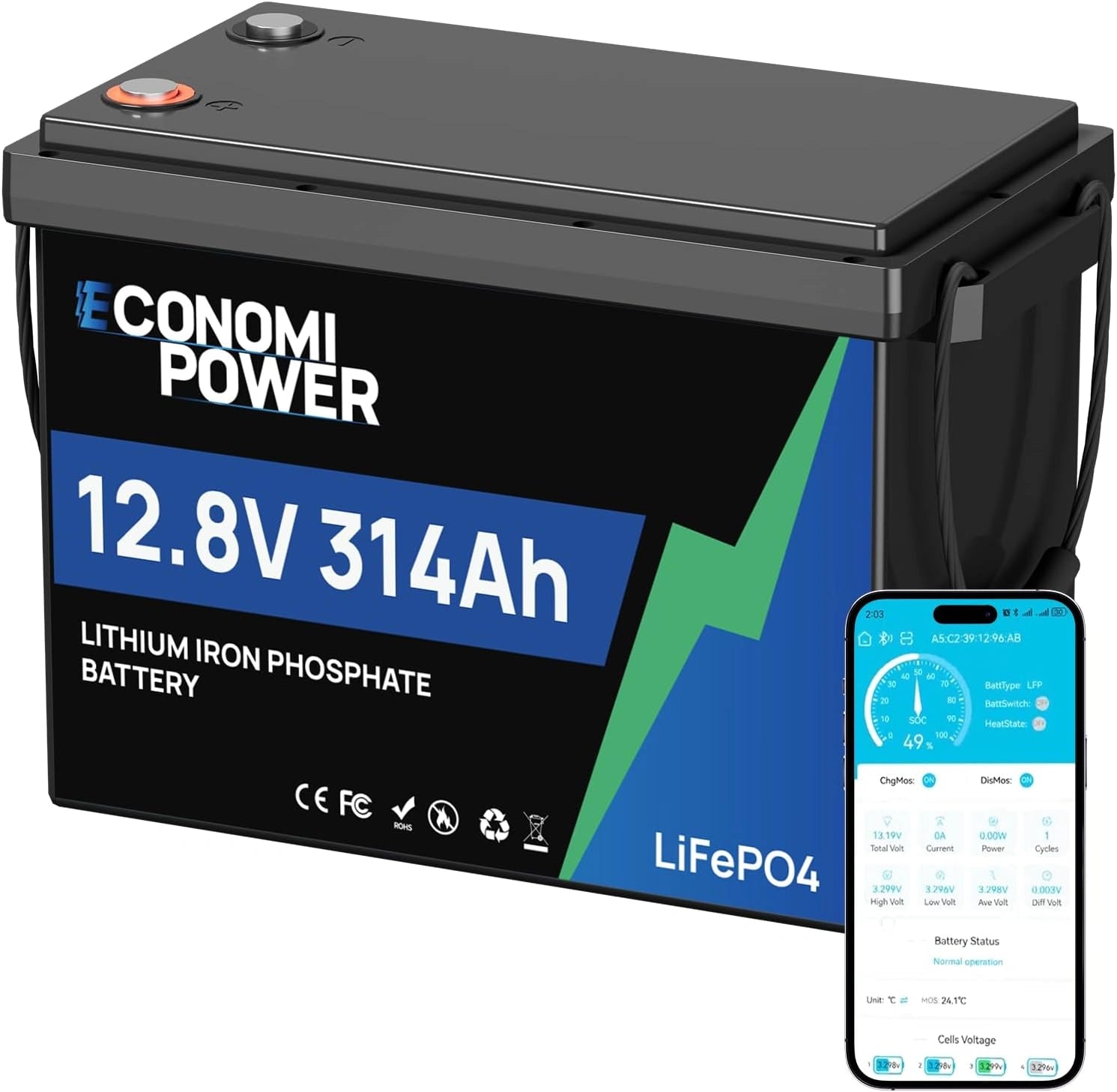 Batterie au lithium LiFePO4 12 V 314 Ah (300 Ah), BMS intelligent 200 A avec surveillance de l'application et plus de 15 000 cycles