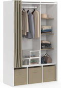 IDMarket - Dressing penderie Diane 105 x 45 x 167 cm Blanc et Taupe, Avec étagères + 3 boites de rangement en tissu taupe + rideau taupe