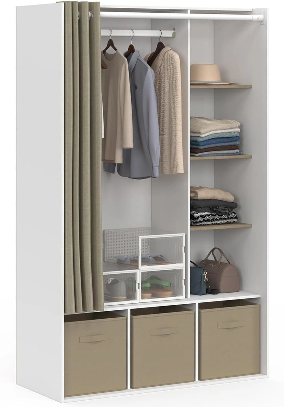 IDMarket - Dressing penderie Diane 105 x 45 x 167 cm Blanc et Taupe, Avec étagères + 3 boites de rangement en tissu taupe + rideau taupe