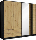 Vente-unique - Armoire 4 Portes et 2 tiroirs - avec Miroir - L220 cm - Noir et Naturel - TUNALO