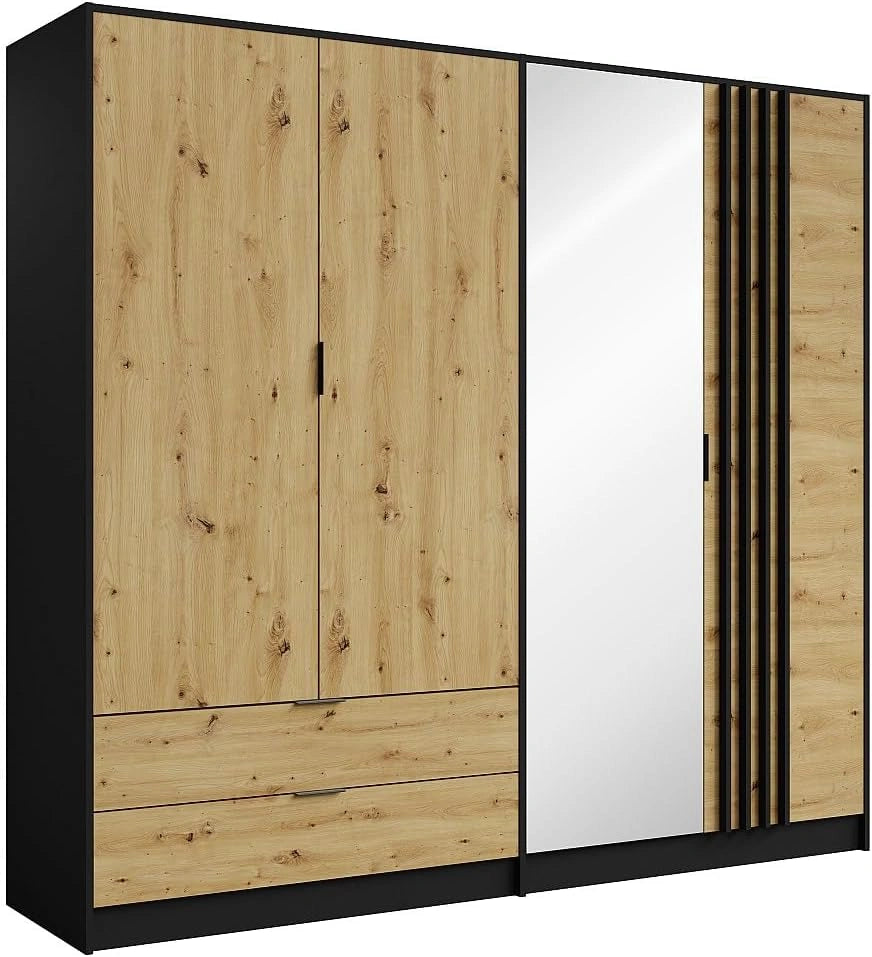 Vente-unique - Armoire 4 Portes et 2 tiroirs - avec Miroir - L220 cm - Noir et Naturel - TUNALO
