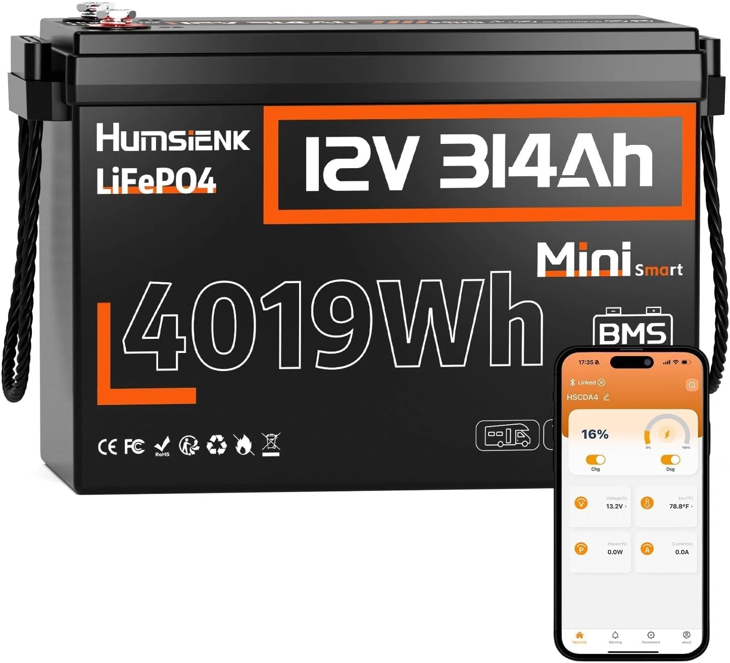 Humsienk Batterie LiFePO4 Bluetooth 12 V 314 Ah Mini, BMS 200 A Intégré, 4,19 kWh, Installation Solaire, Système Hors Réseau, Alimentation de Secours