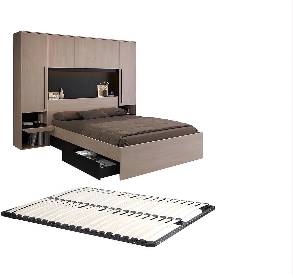 Vente-unique-Lit Pont 140 x 190 cm avec rangements - avec LEDs - Coloris: Naturel et Noir + Sommier - VELONA