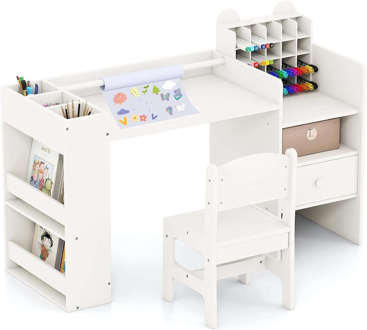 COSTWAY Bureau Enfant Garçon Fille avec Chaise et Bibliothèque, Blanc, Charge 30/75kg, Table Enfant Montessori pour 3+ Ans, Porte-Papier Amovible