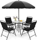 GOPLUS 6Pcs Salon de Jardin Exterieur 4 Personnes avec 4 Chaises Pliantes en Textilène, Noir), Table Basse en Verre Trempé et Parasol Jardin