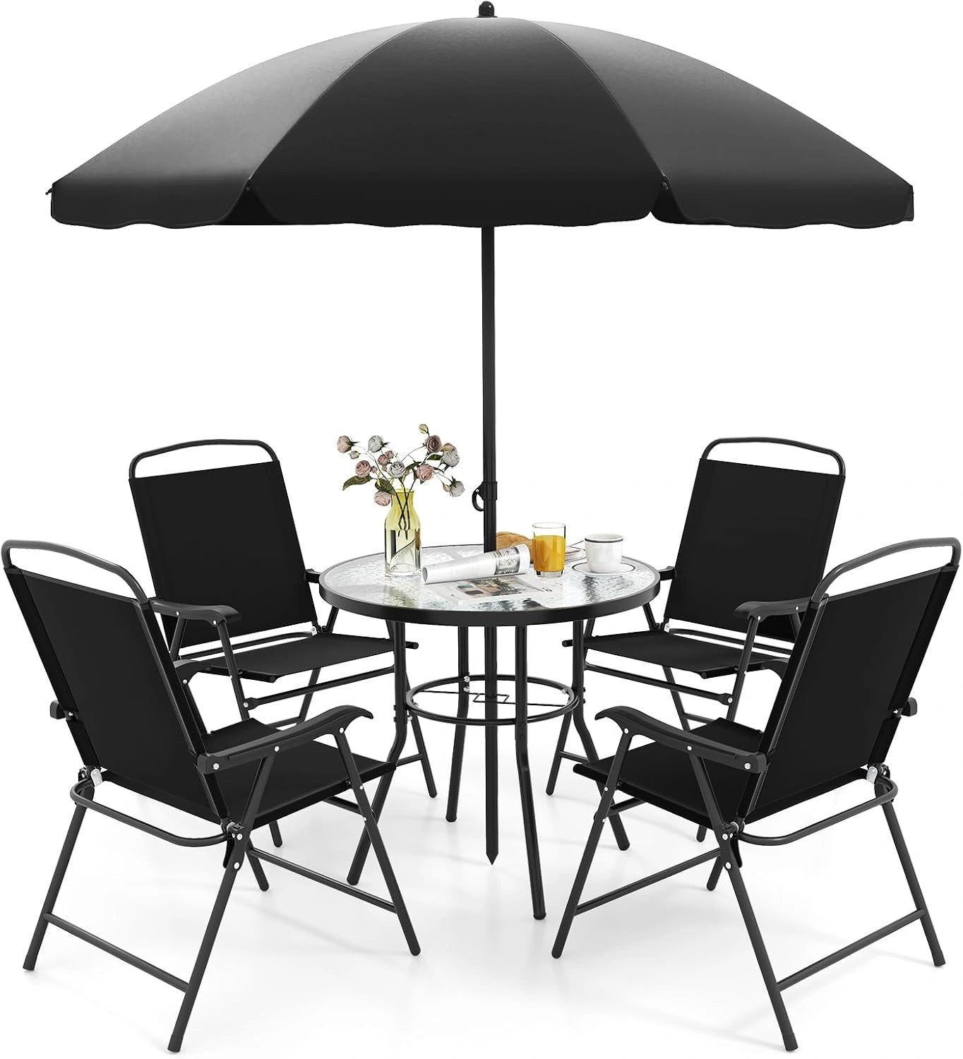 GOPLUS 6Pcs Salon de Jardin Exterieur 4 Personnes avec 4 Chaises Pliantes en Textilène, Noir), Table Basse en Verre Trempé et Parasol Jardin