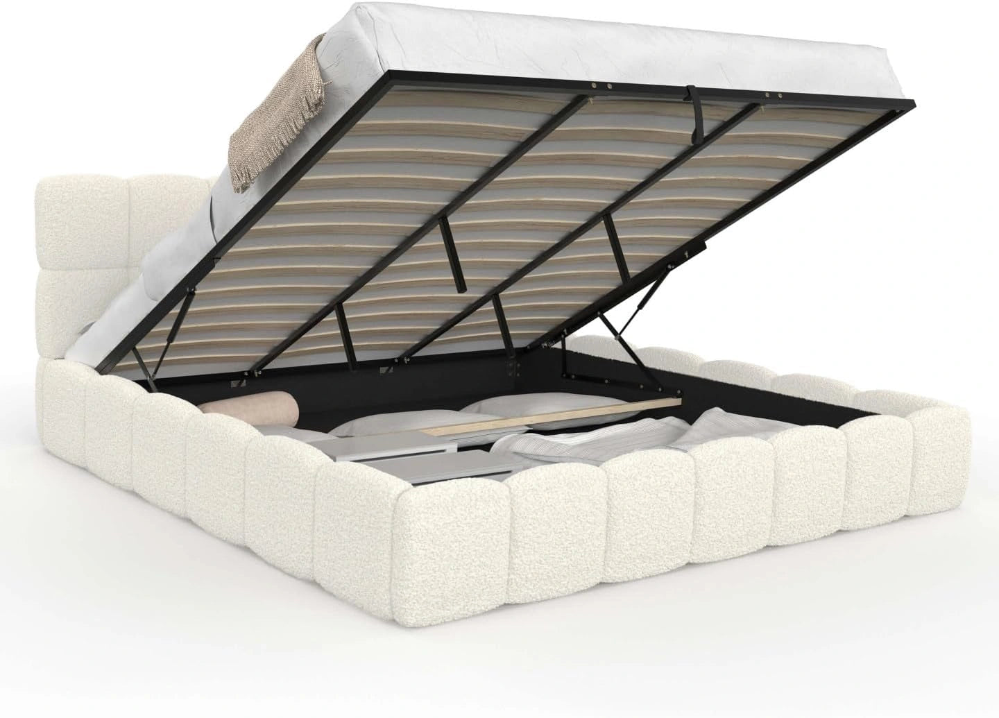 IDMarket - Lit Coffre Double Nuage 180 x 200 cm Bouclette Blanc, Avec tête de lit matelassée et sommier