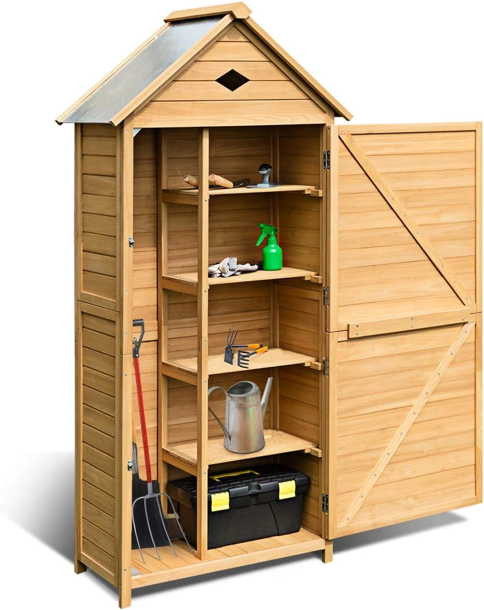 DREAMADE Abri de Jardin en Bois, avec 5 Étagères, 80x45x176 CM), Balcon ou Terrasse, Jaune (Bois, Armoire de Jardin Remise pour Outils