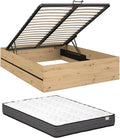 Vente-unique - Lit Coffre 140 x 190 cm - Coloris: Naturel et Noir + Matelas - LUDARO