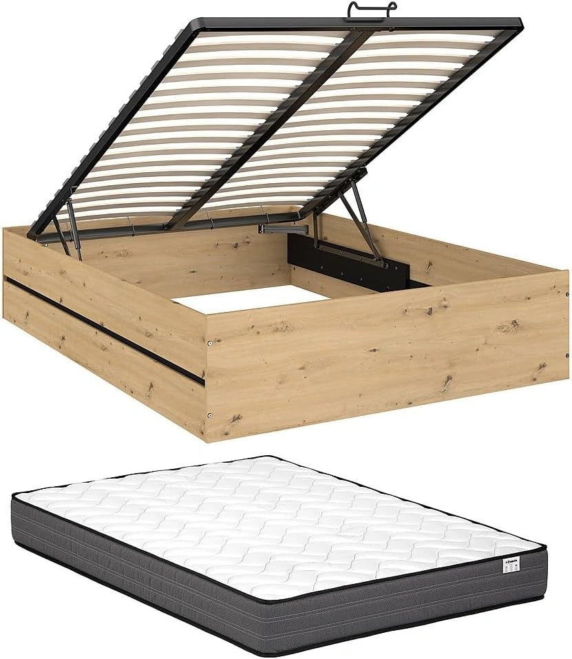 Vente-unique - Lit Coffre 140 x 190 cm - Coloris: Naturel et Noir + Matelas - LUDARO