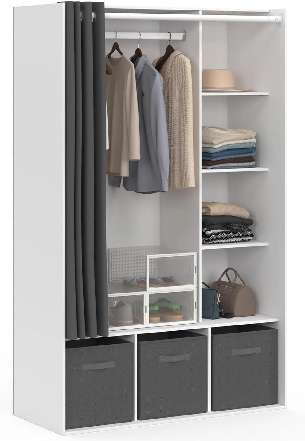 IDMarket - Dressing penderie Diane 105 x 45 x 167 cm Blanc et Gris, Avec étagères + 3 boites de rangement en tissu gris + rideau gris