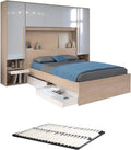 Vente-unique - Lit Pont 140 x 190 cm avec rangements - avec LEDs - Coloris: Naturel et Blanc Brillant + Sommier - VELONA