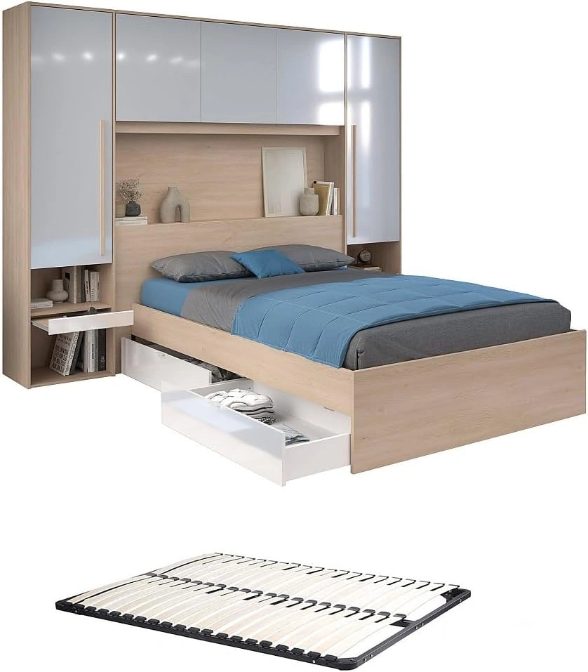 Vente-unique - Lit Pont 140 x 190 cm avec rangements - avec LEDs - Coloris: Naturel et Blanc Brillant + Sommier - VELONA