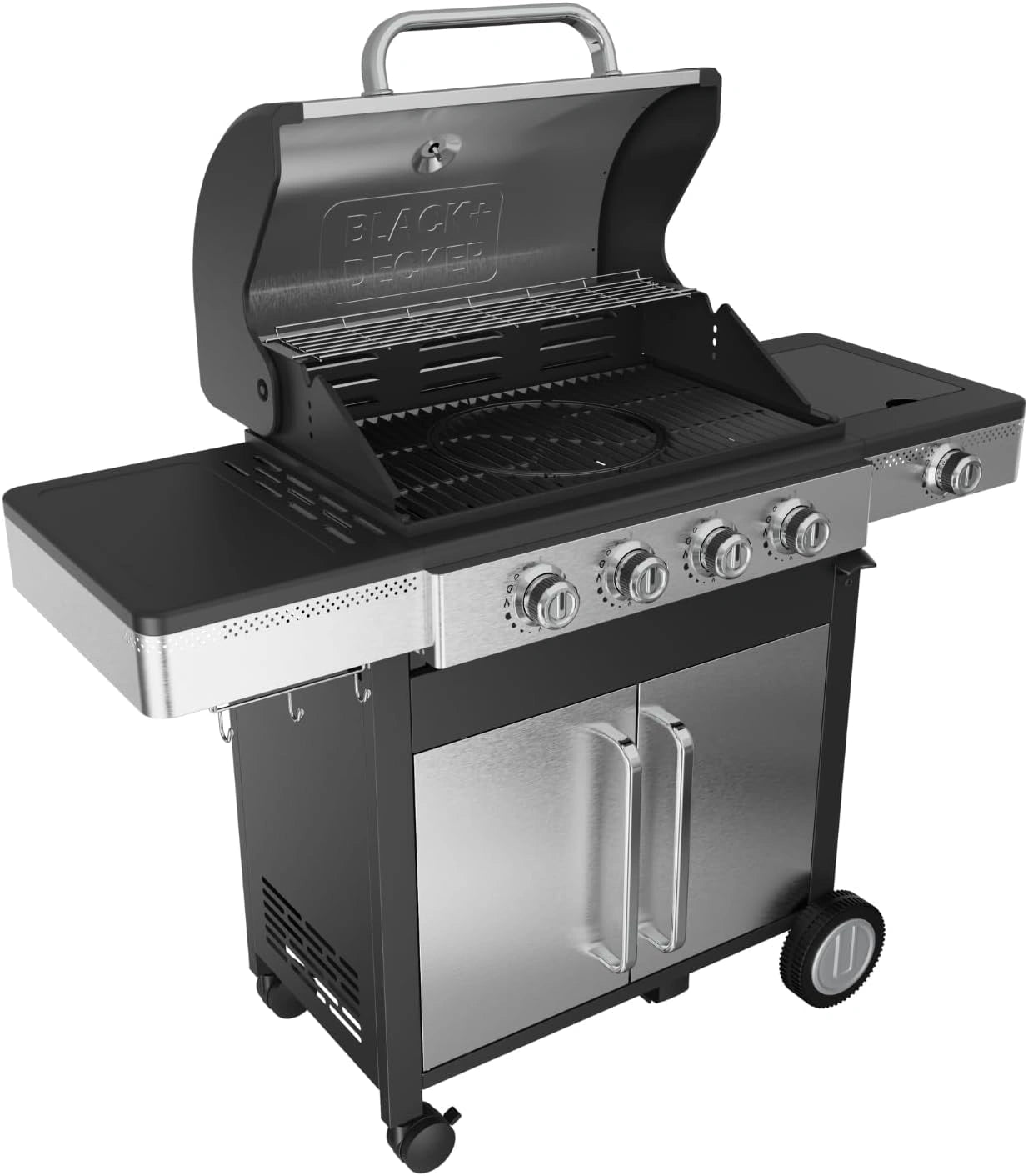 Black+Decker, Noir, Barbecue à gaz BXOG7200F, 2 brûleurs 3,6 kW, Grille en fonte, Nettoyage facile, Thermomètre inox, Zone de cuisson flexible