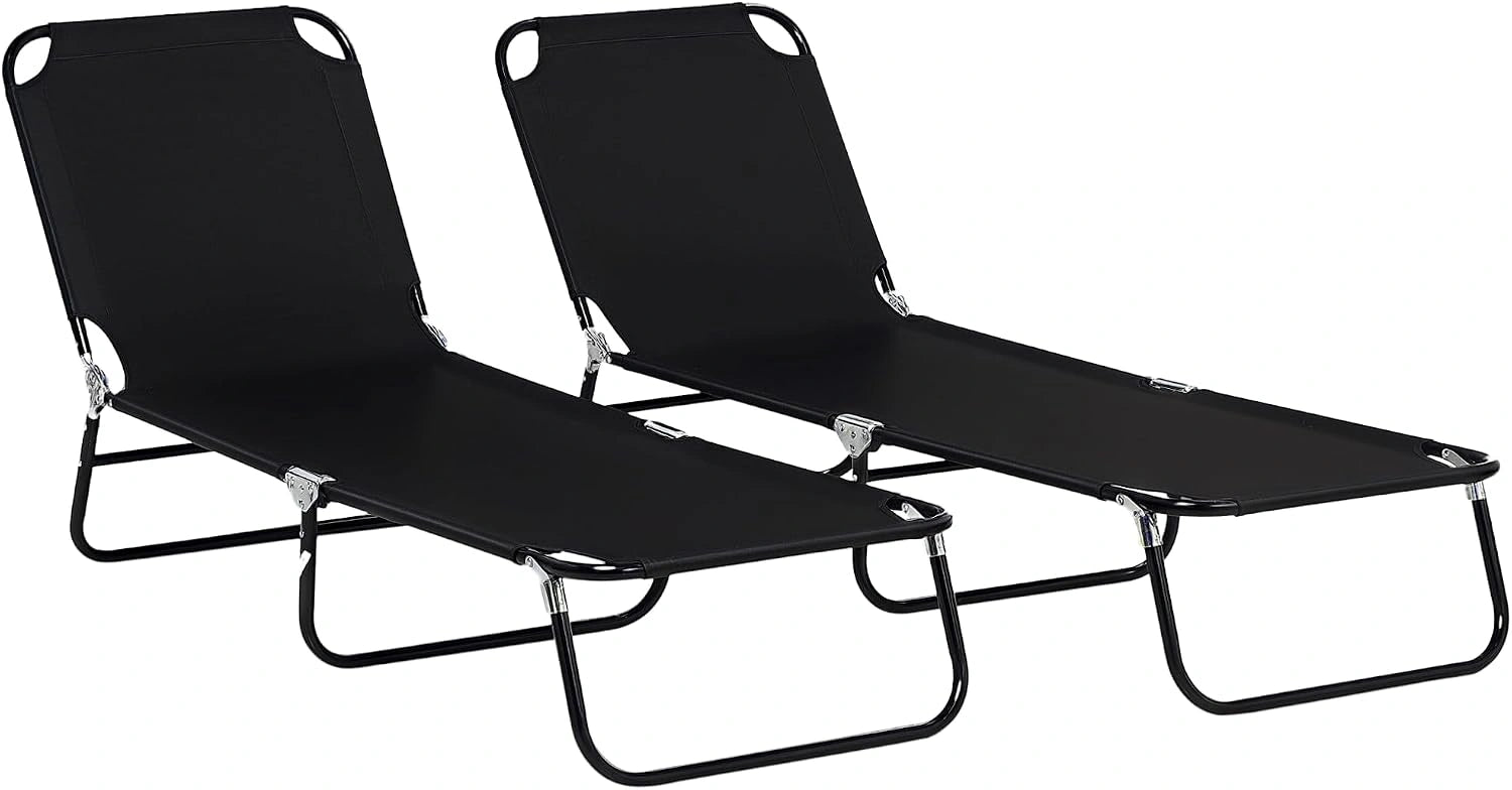 Outsunny Lot de 2 Bain de Soleil Dossier Inclinable 188x56x28 cm Noir, 5 Positions, Chaise Longue Pliante, Transat Jardin Extérieur, pour Patio