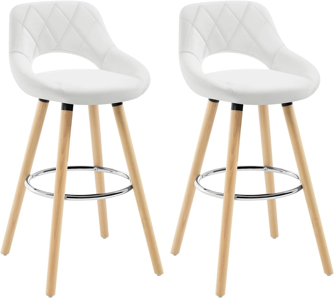 WOLTU Tabouret Bar Lot de 2, Blanc, Siège Haut Rembourré 69 cm, avec Dossier, Cadre en Bois, Chaise Haute Bar, Repose-pieds, Similicuir, Bistro