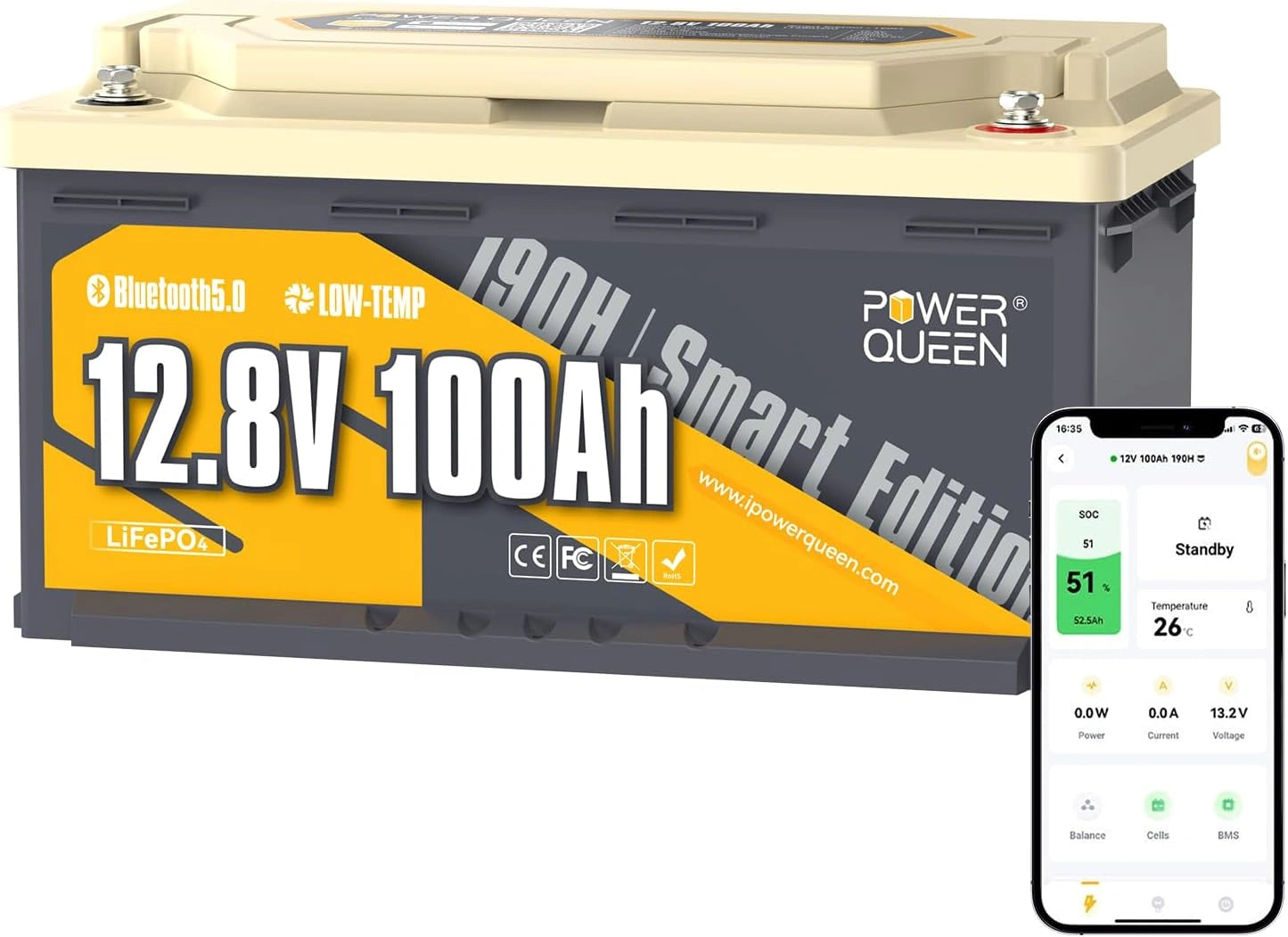 Power Queen Bluetooth Batterie Lithium 12 V 100 Ah Batterie LiFePO4 avec Protection Basse Temp, Sièges de Camping-Car DIN H8 L5 Taille Groupe 49