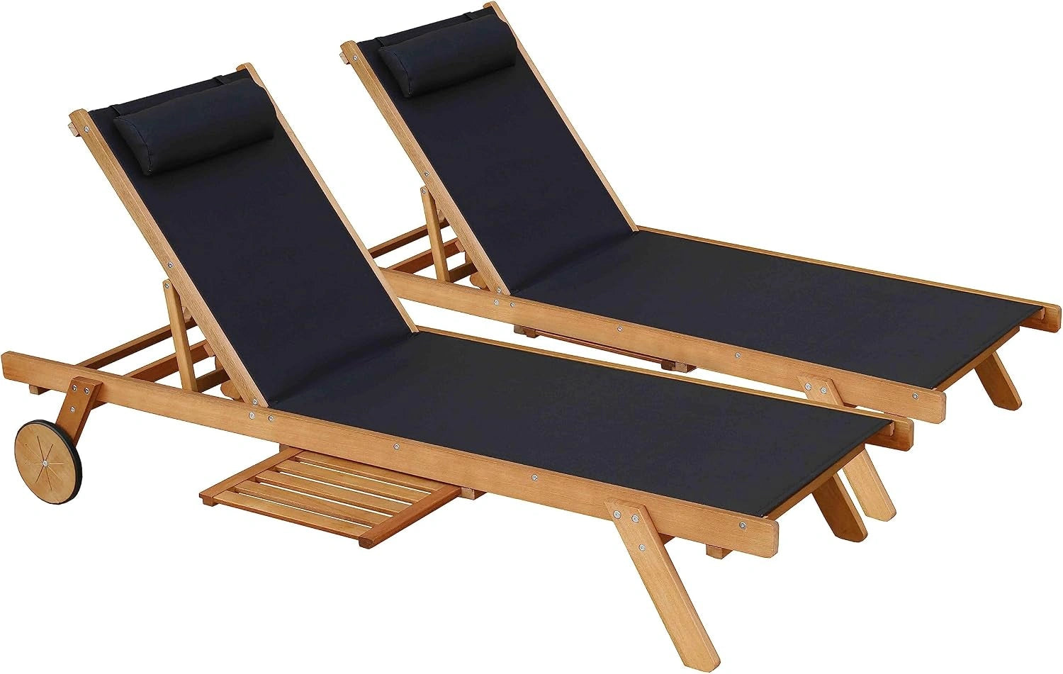 Oviala Lot de 2 Bains de Soleil avec Coussin et Tablette en Bois Noir