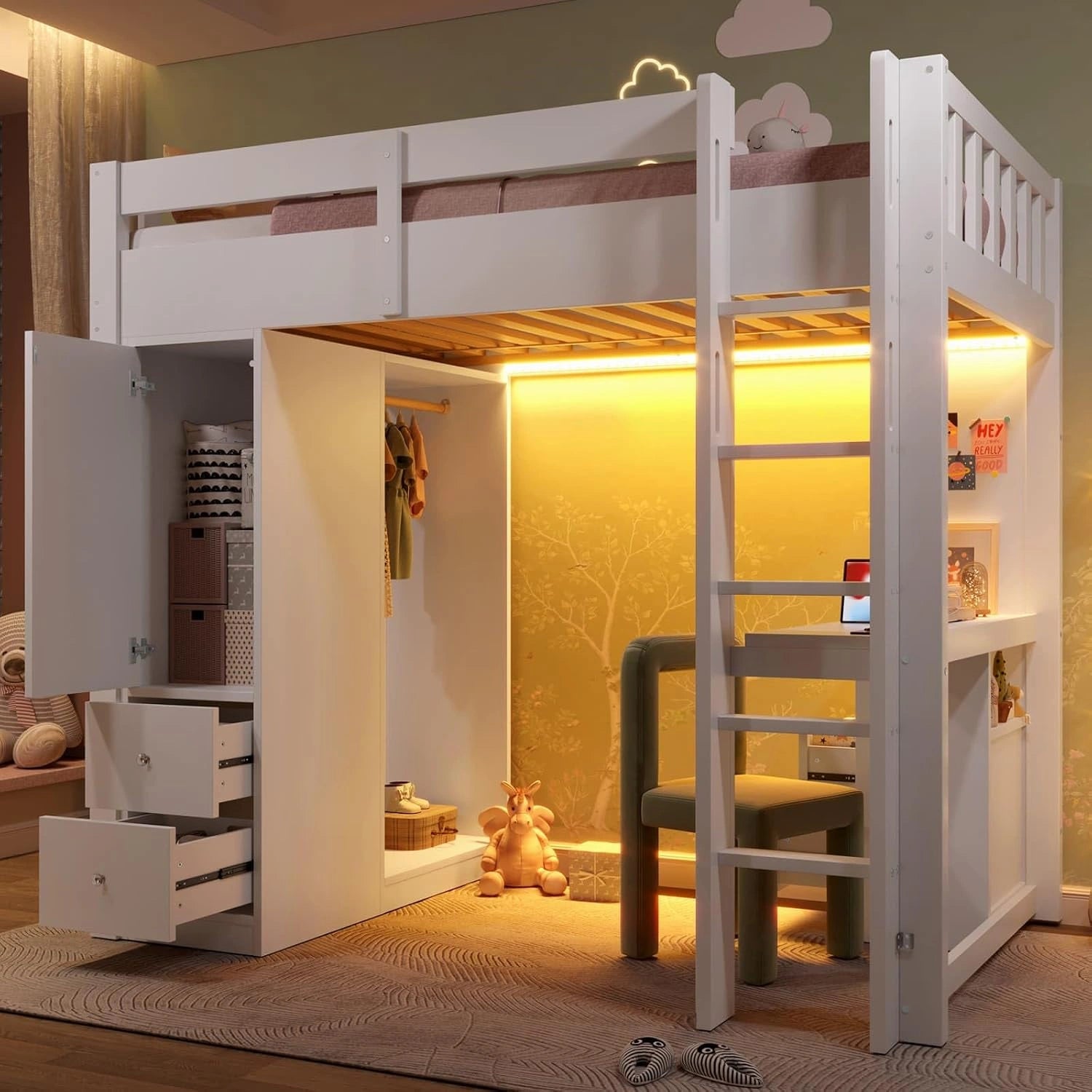 PUGSDRLY Lit Mezzanine 1 Place, pour Enfant Adolescent (90-Blanc-E), Lit Mezzanine 90x200 cm en Bois avec Bureau, 4 Tiroirs Rangement, Armoire