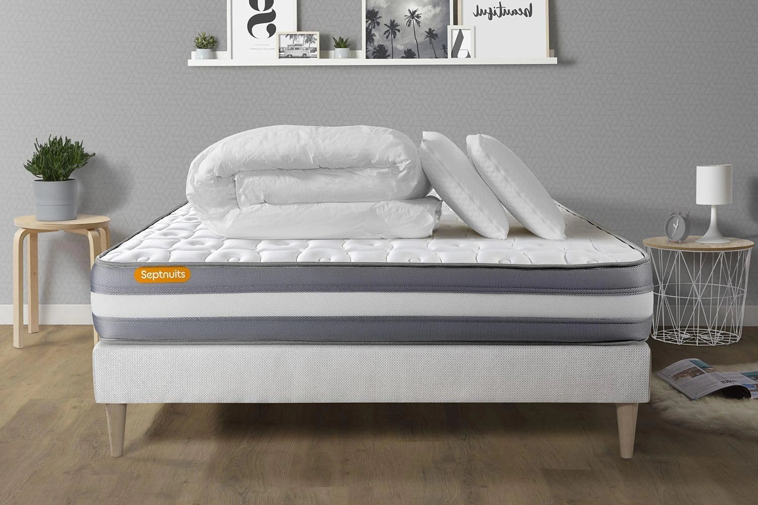 Pack Matelas + sommier kit Blanc 180x200 Memo Plus Mémoire de Forme + 2 oreillers + Couette, Epaisseur: 24 cm, Confort: Ferme