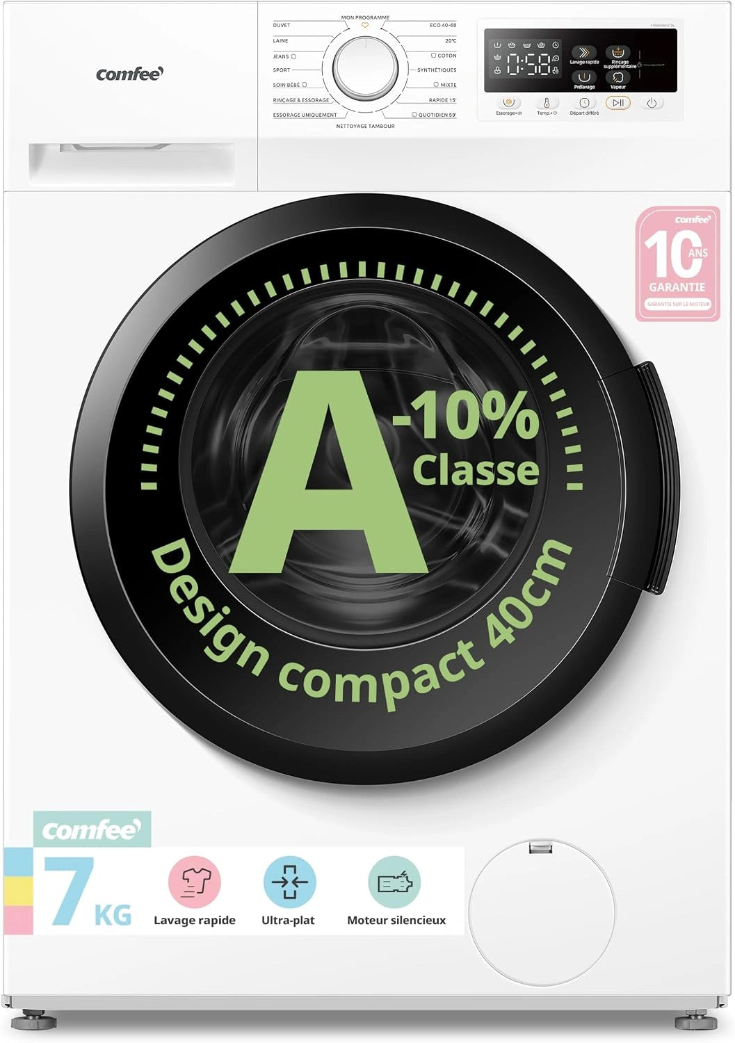 COMFEE' Machine a Laver 7KG Ultra Slim 40 cm Classe A-10% 1200RPM CFP01EW70 W, 16 Programmes, Rapide 15'/59', Nettoyage du tambour, Lavage à la vapeur