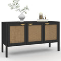 IDMarket - Buffet Bas 110 cm EDHEN 3 Portes Bois Noir et cannage, 60 cm, 18,5 cm