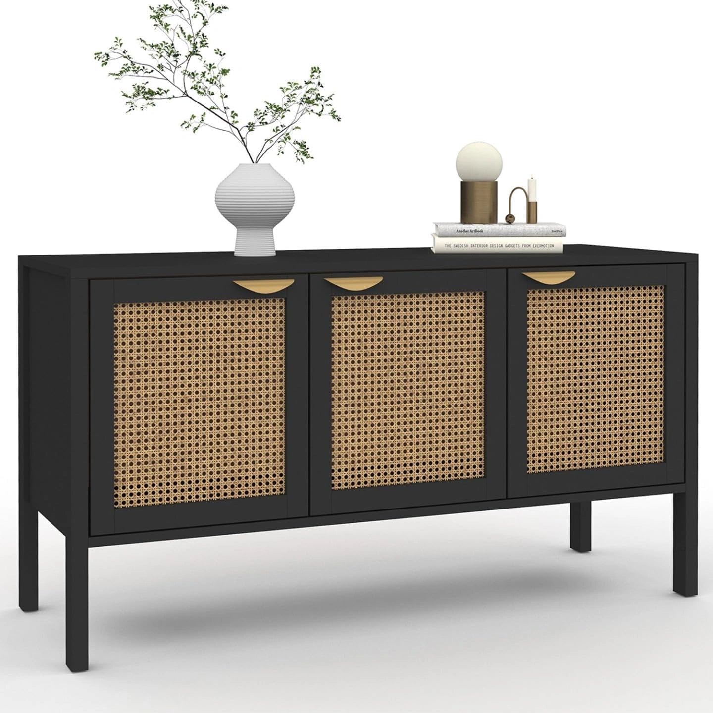 IDMarket - Buffet Bas 110 cm EDHEN 3 Portes Bois Noir et cannage, 60 cm, 18,5 cm