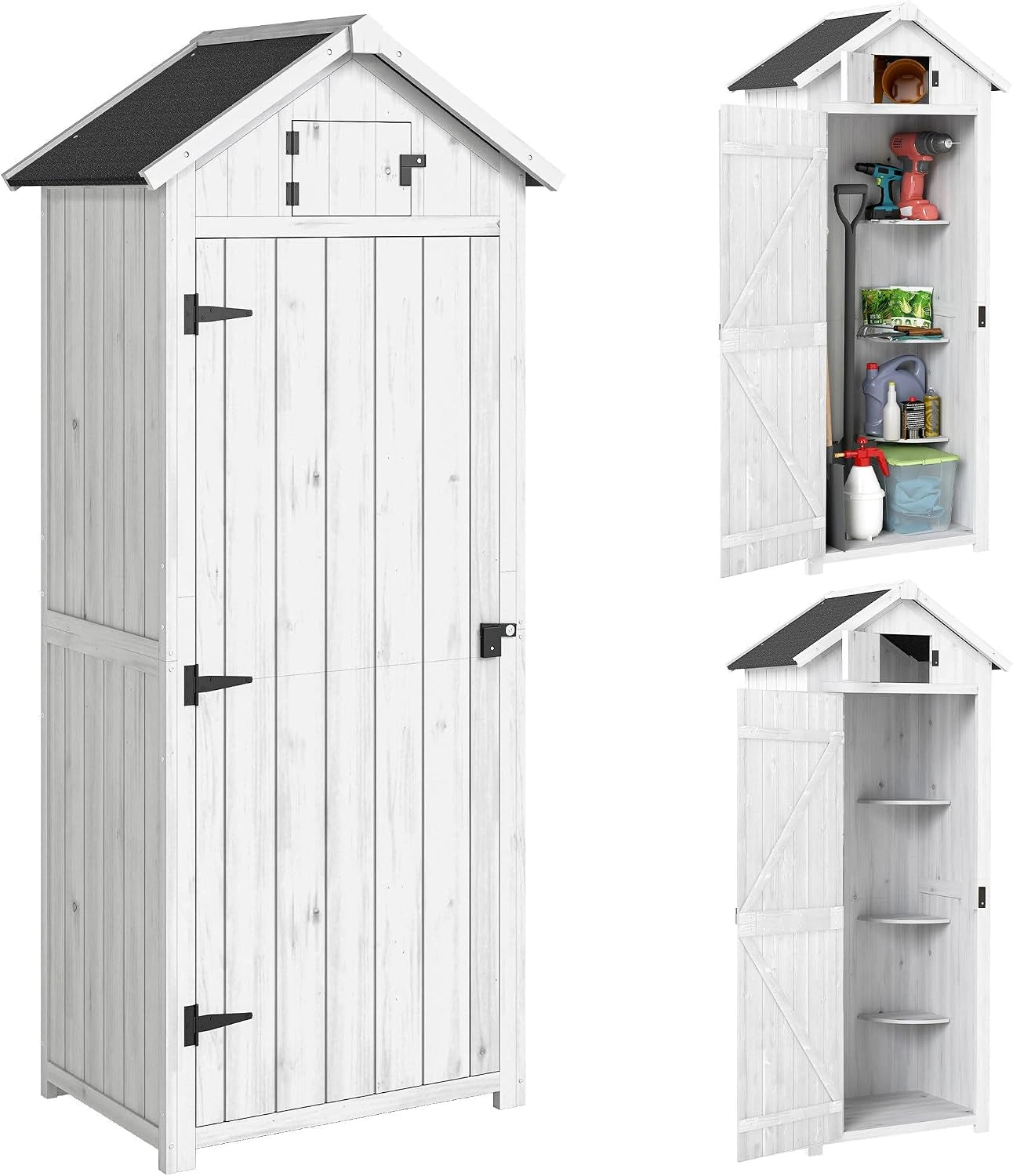 Outsunny Armoire de Jardin Extérieur Abri Jardin Bois 3 Étagères Gris Clair, 2 Portes à Loquets, 77x54x179 cm, Toit en Pente Bitumé, Abri pour Outils