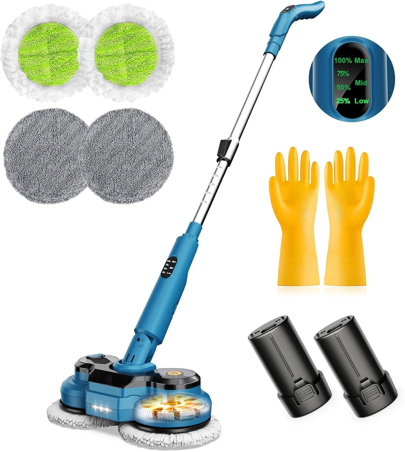 Balai Électrique sans Fil, Balai à Double Rotation avec 2 Batteries de 2000 mAh Pulvérisateur/Phare LED/ Écran Intelligent
