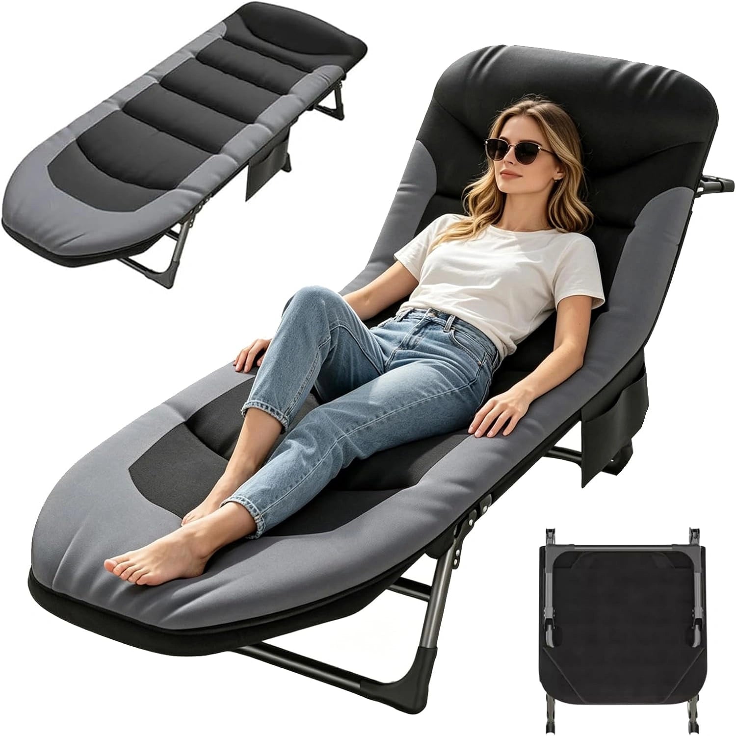 Chaise Longue Jardin Exterieur, Camping (Noir), Transat Jardin Exterieur avec 6 Dossiers Réglables, Chaise Longue Pliable avec Poche Latérale, Patio