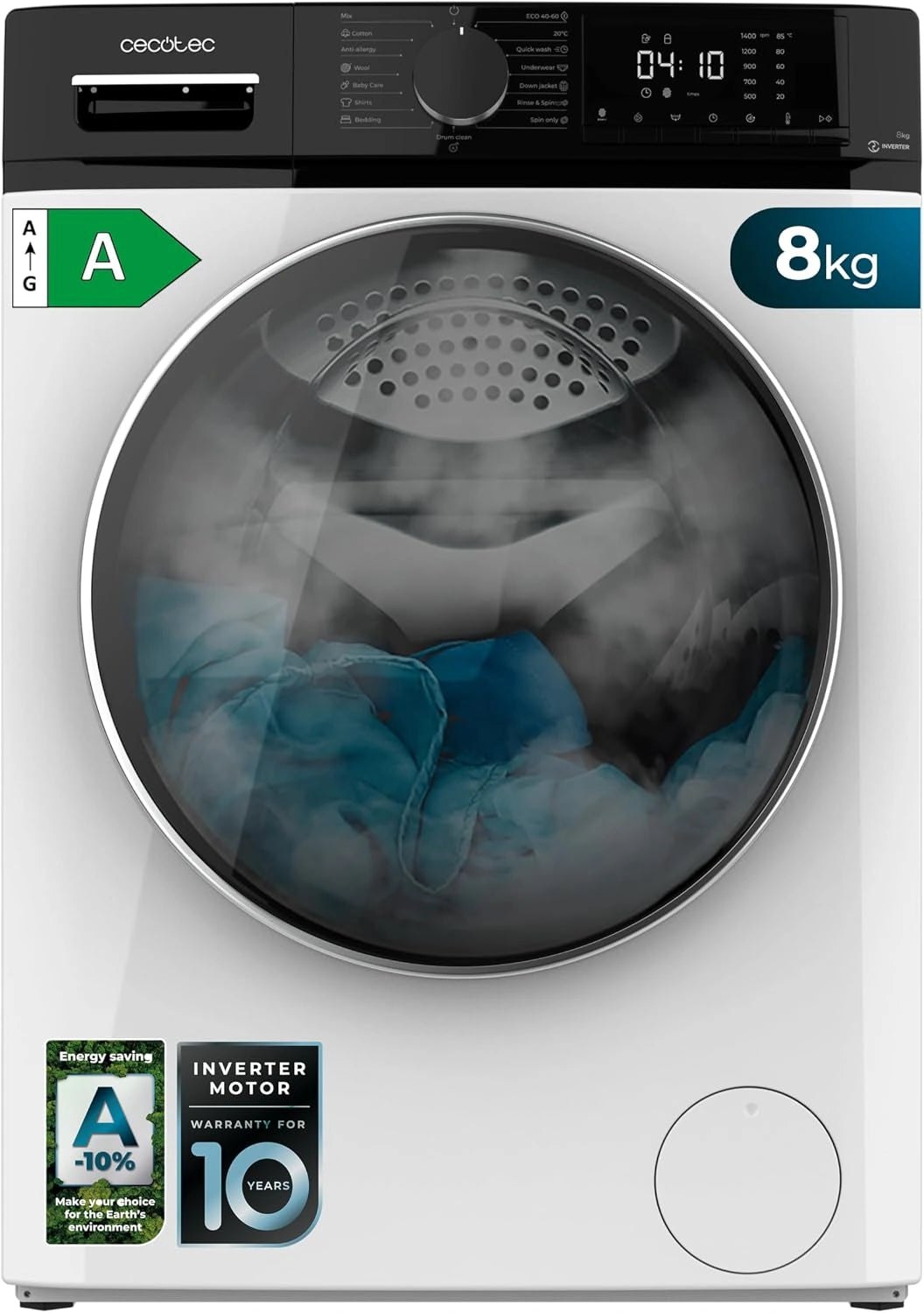 Cecotec Lave Linge Bolero Dresscode 8610 Inverter A, Classe A, Capacité de 8 Kg, 1400 tr/min, 15 programmes, avec fonction vapeur