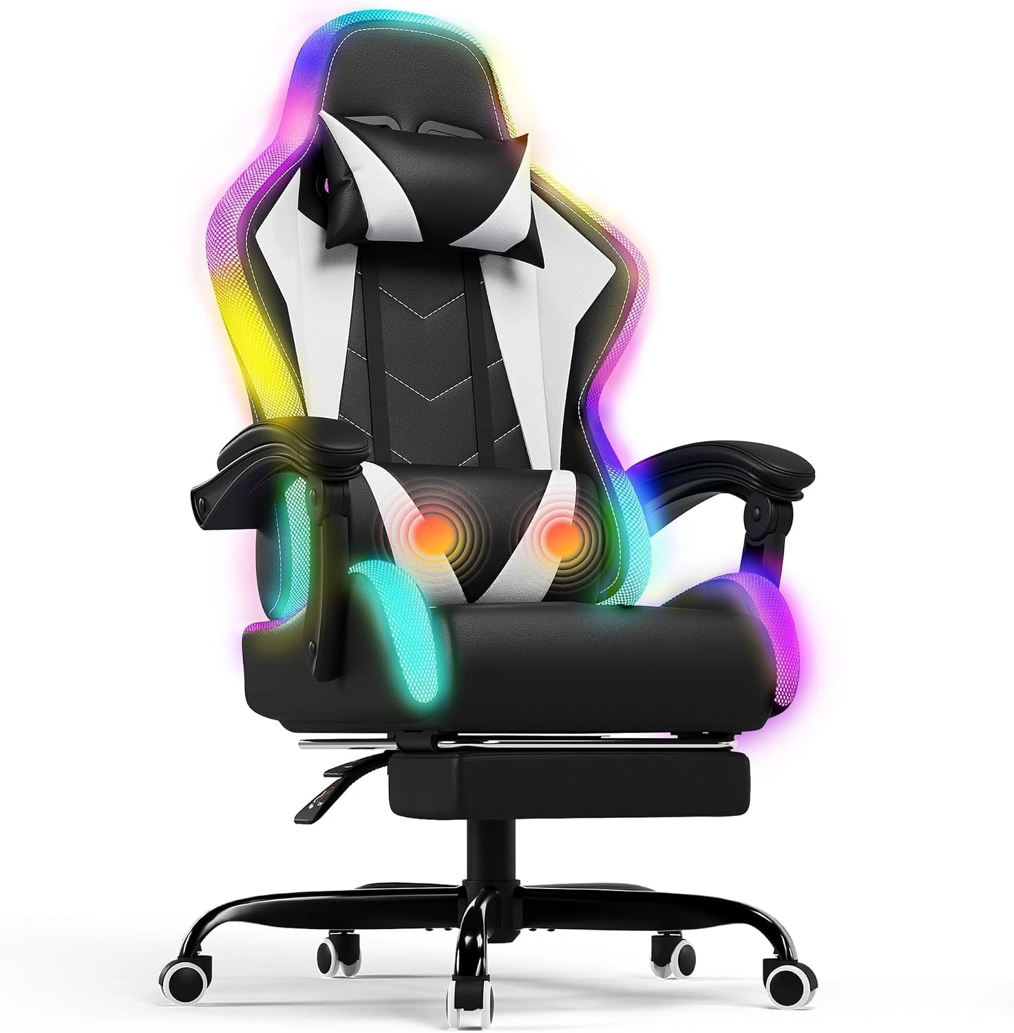 Devoko Chaise Gaming Ergonomique avec LED RGB, Blanc, 180 kg, Massage Lombaire et Repose-Pieds, Fauteuil Gamer avec Appui-tête réglable
