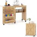 COSTWAY Table de Couture Pliante, Meuble Machine à Coudre Design Compact avec Etagère et 18 Rangées de Bâtonnets, 2 Plateaux de Rangement, Naturel