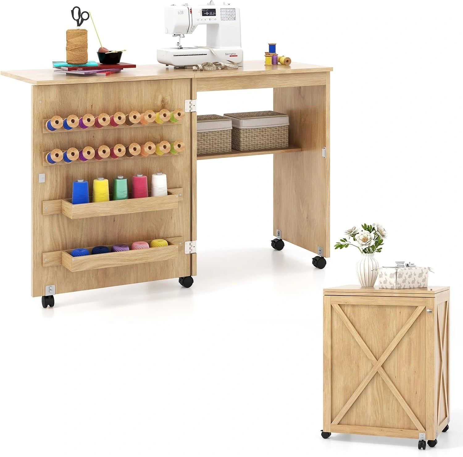 COSTWAY Table de Couture Pliante, Meuble Machine à Coudre Design Compact avec Etagère et 18 Rangées de Bâtonnets, 2 Plateaux de Rangement, Naturel