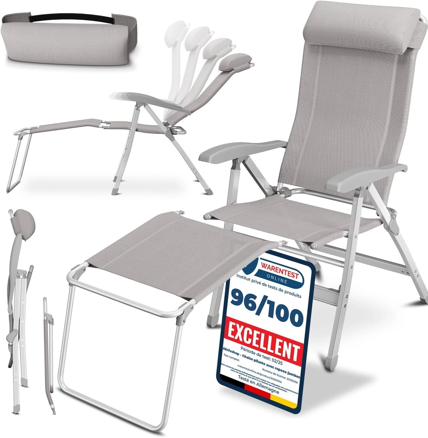 ELONEO Chaise de Camping Pliante avec Repose-Pieds Amovible - Chaise Longue Pliante Confortable en Aluminium avec Dossier Réglable pour Jardin