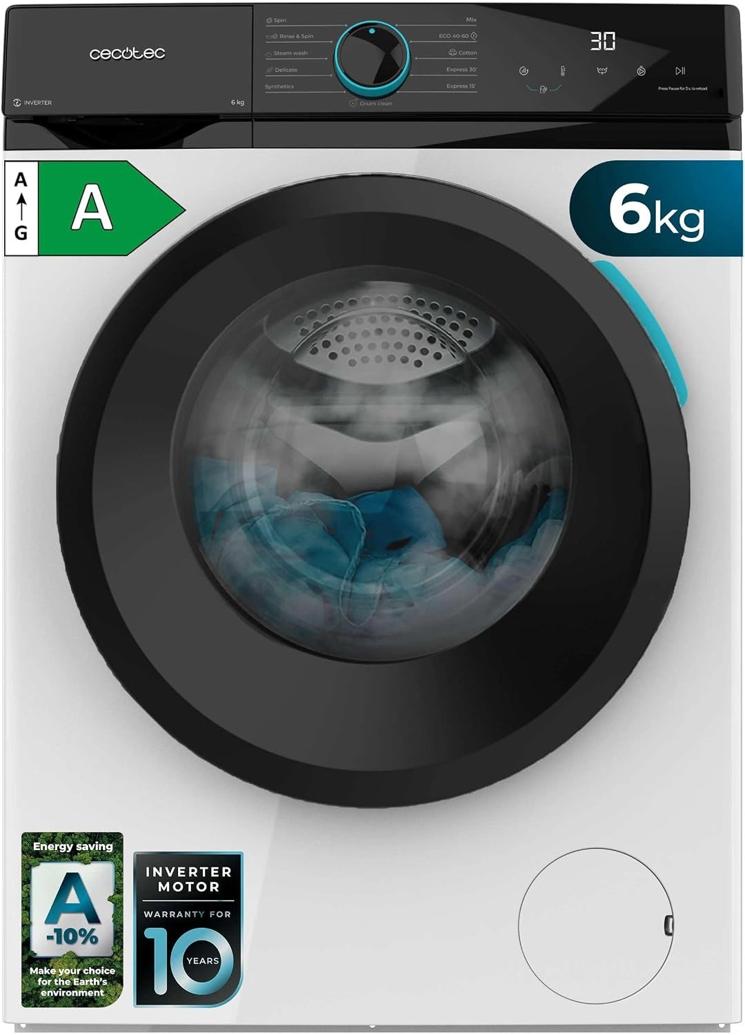 Cecotec Lave linge Frontal Bolero DressCode 7150 Inverter A, classe A, Machine à laver 7 kg, 1400 tr, 12 programmes, Inverter Plus, Steam Max, min