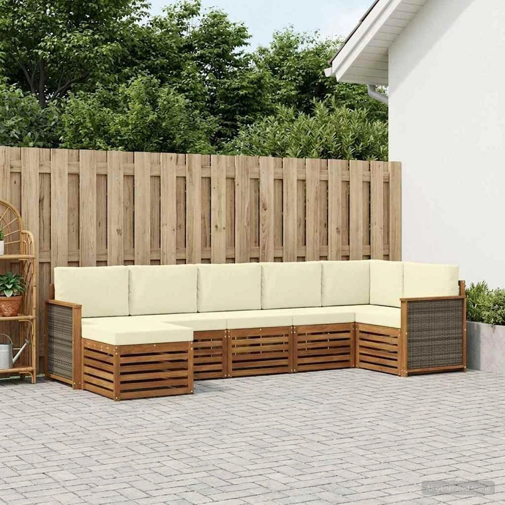 Ensemble canapé d'angle 6 pcs en Bois d'acacia Massif Naturel et crème avec Coussins Amovibles, mobilier Salon Durable et Facile à Entretenir